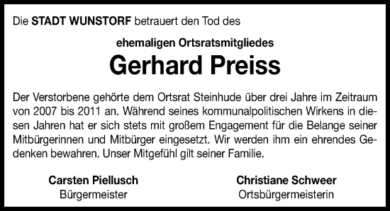 Traueranzeige von Gerhard Preiss von Hannoversche Allgemeine Zeitung/Neue Presse