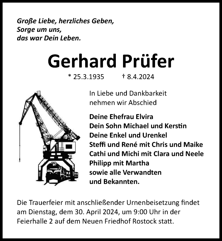  Traueranzeige für Gerhard Prüfer vom 20.04.2024 aus Ostsee-Zeitung GmbH