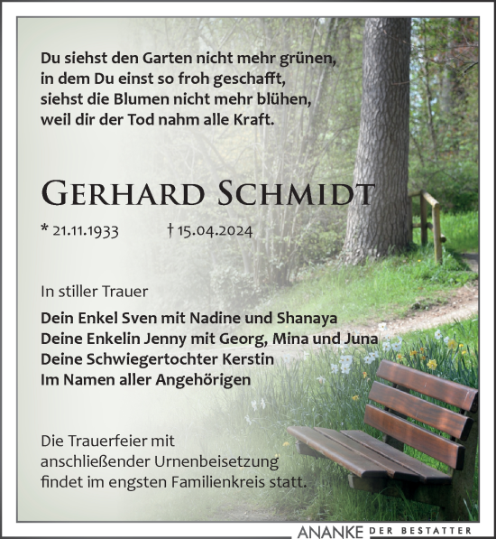 Traueranzeige von Gerhard Schmidt von Leipziger Volkszeitung