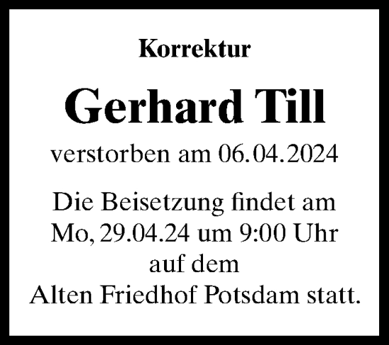 Traueranzeige von Gerhard Till von Märkischen Allgemeine Zeitung