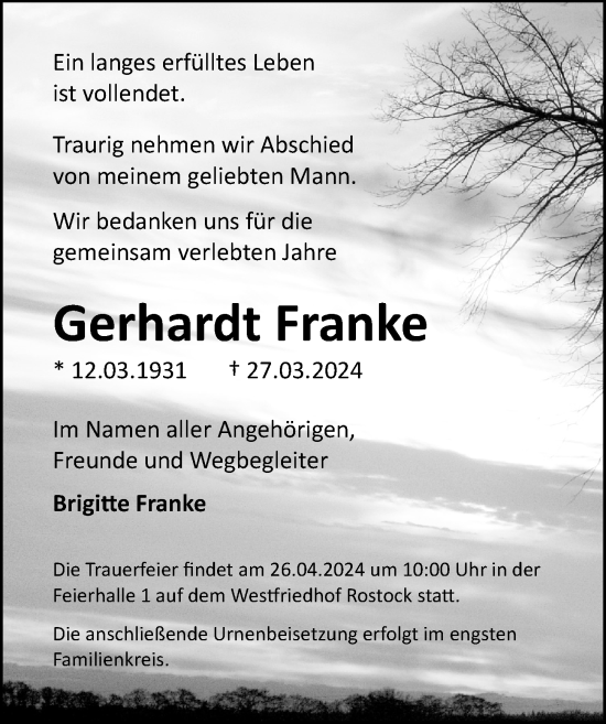 Traueranzeige von Gerhardt Franke von Ostsee-Zeitung GmbH