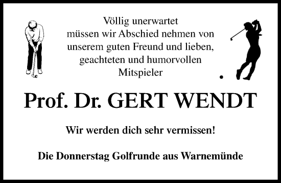 Traueranzeige von Gert Wendt von Ostsee-Zeitung GmbH