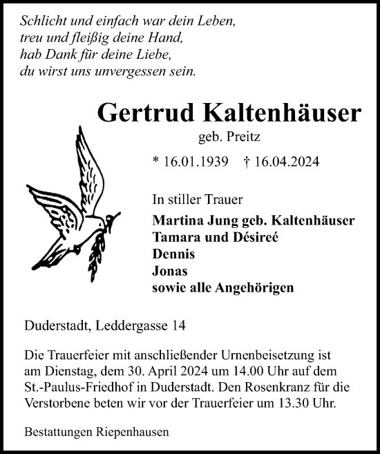 Traueranzeige von Gertrud Kaltenhäuser von Eichsfelder Tageblatt
