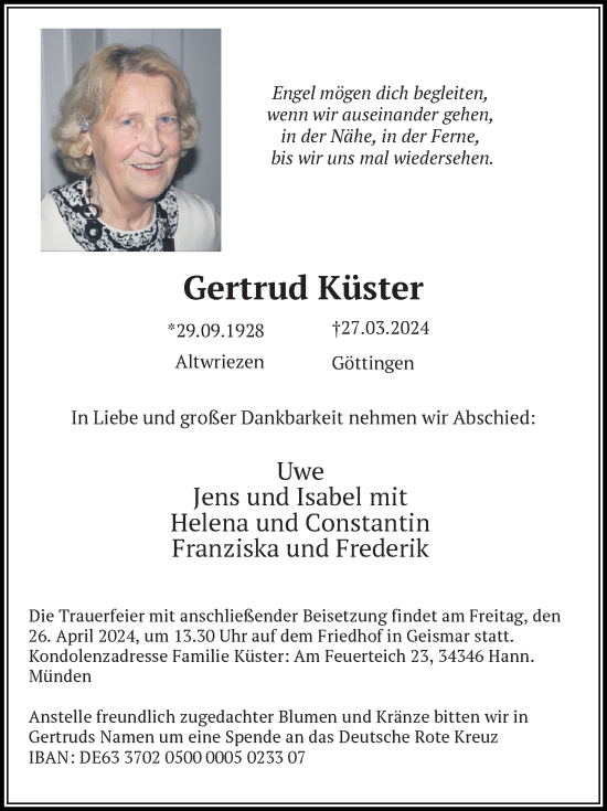 Traueranzeige von Gertrud Küster von Göttinger Tageblatt