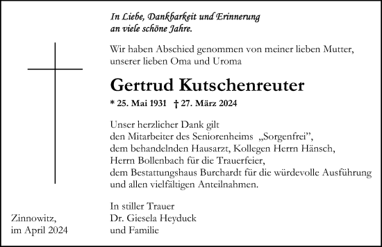 Traueranzeige von Gertrud Kutschenreuter von Ostsee-Zeitung GmbH