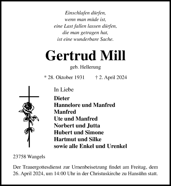 Traueranzeige von Gertrud Mill von Lübecker Nachrichten