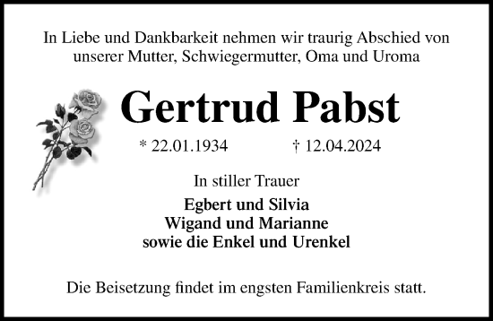 Traueranzeige von Gertrud Pabst von Ostsee-Zeitung GmbH