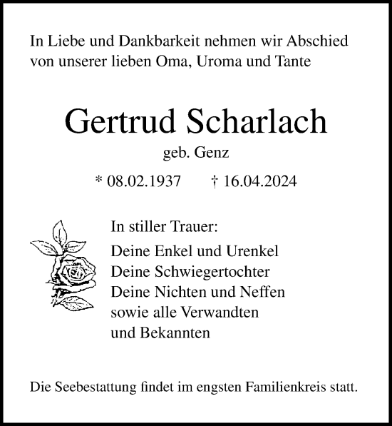 Traueranzeige von Gertrud Scharlach von Ostsee-Zeitung GmbH
