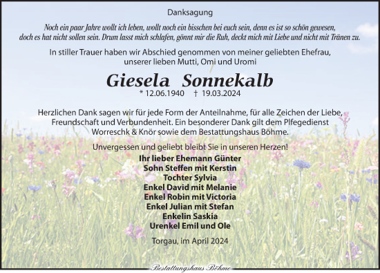 Traueranzeige von Giesela Sonnekalb von Torgauer Zeitung