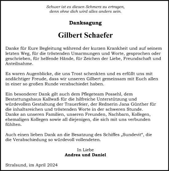Traueranzeige von Gilbert Schaefer von Ostsee-Zeitung GmbH