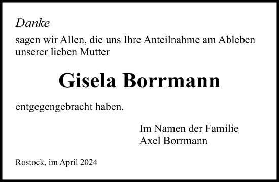 Traueranzeige von Gisela Borrmann von Ostsee-Zeitung GmbH