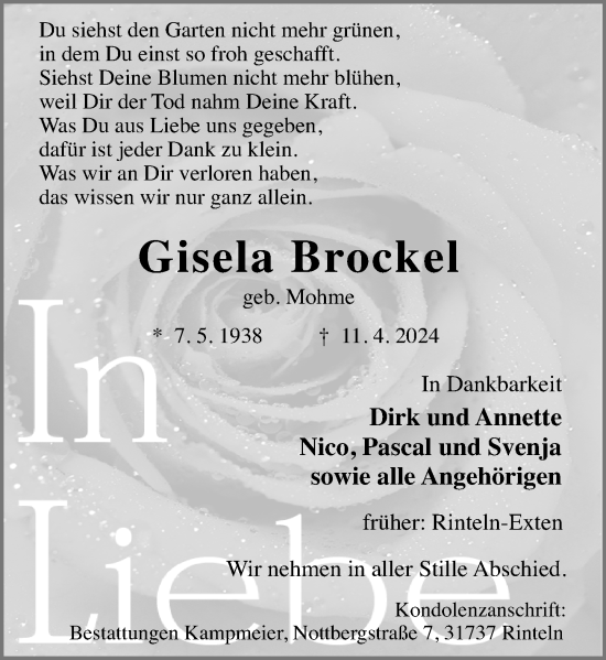 Traueranzeige von Gisela Brockel von Schaumburger Nachrichten und Schaumburger Zeitung/ Landes-Zeitung