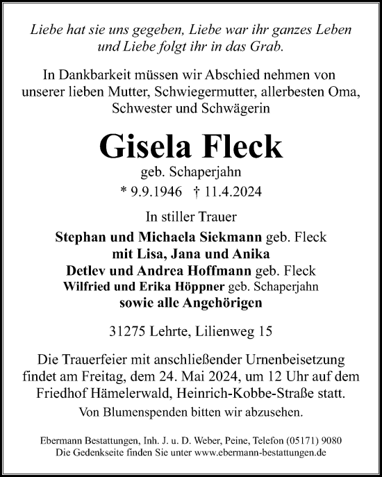 Traueranzeige von Gisela Fleck von Peiner Allgemeine Zeitung