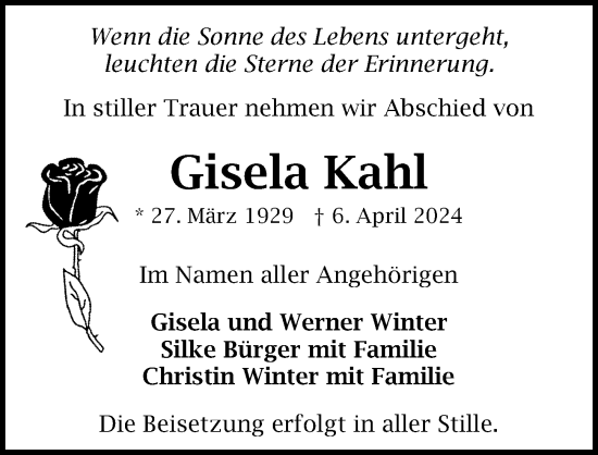 Traueranzeige von Gisela Kahl von Ostsee-Zeitung GmbH