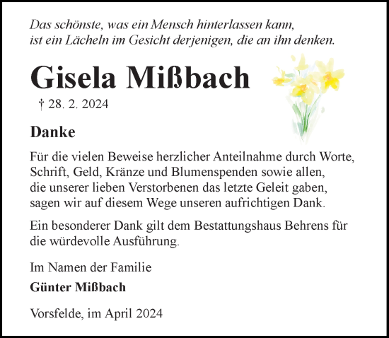 Traueranzeige von Gisela Mißbach von Aller Zeitung