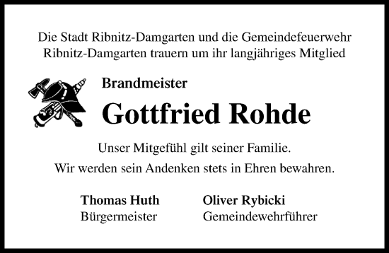 Traueranzeige von Gottfried Rohde von Ostsee-Zeitung GmbH