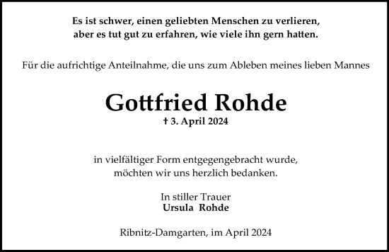 Traueranzeige von Gottfried Rohde von Ostsee-Zeitung GmbH