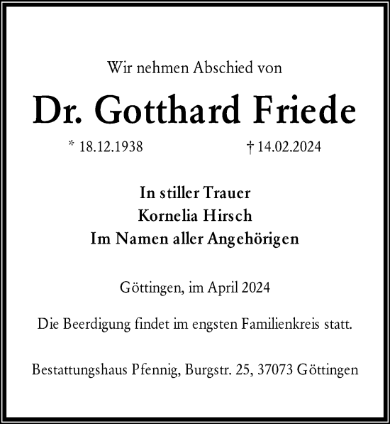 Traueranzeige von Gotthard Friede von Göttinger Tageblatt