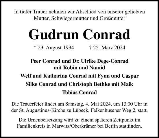 Traueranzeige von Gudrun Conrad von Lübecker Nachrichten