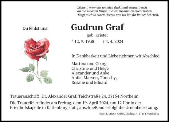 Traueranzeige von Gudrun Graf von Göttinger Tageblatt
