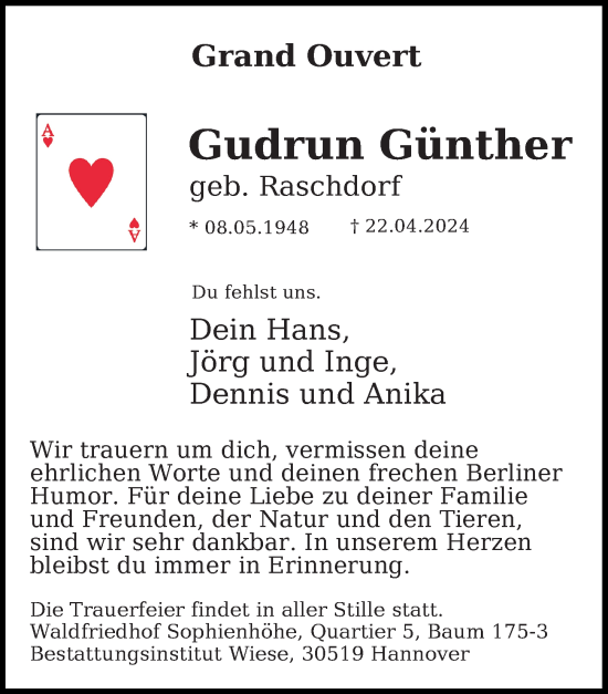 Traueranzeige von Gudrun Günther von Hannoversche Allgemeine Zeitung/Neue Presse