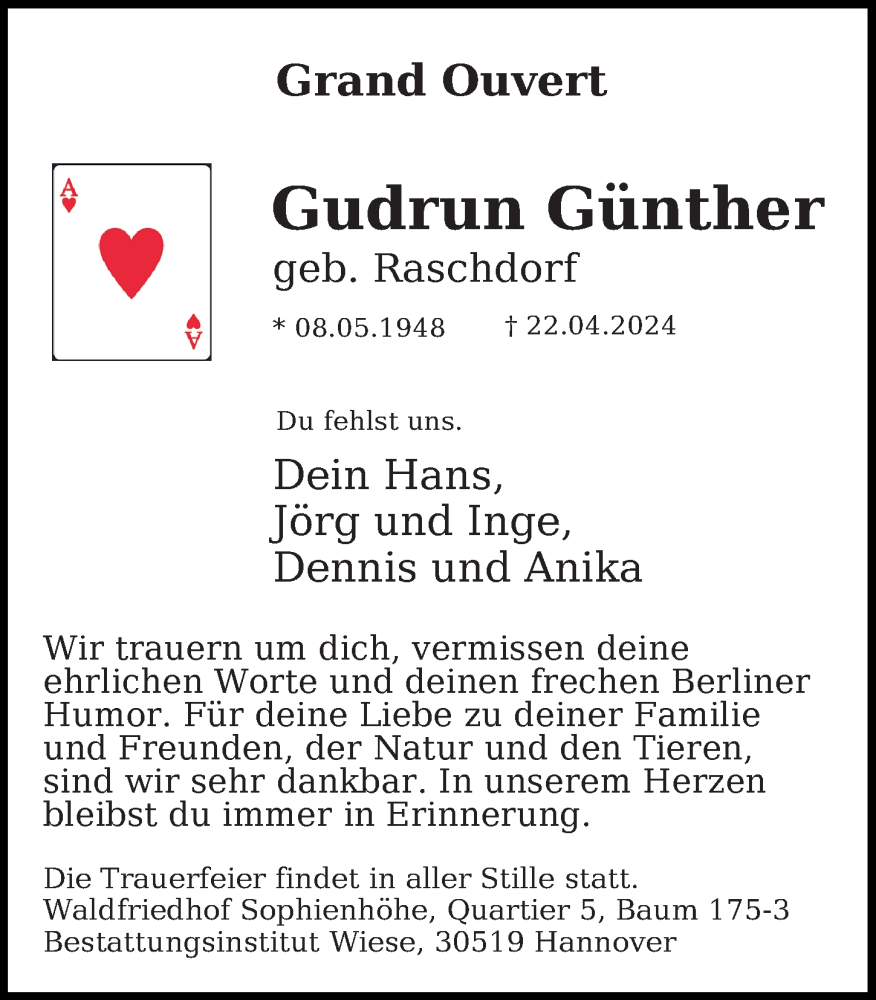  Traueranzeige für Gudrun Günther vom 27.04.2024 aus Hannoversche Allgemeine Zeitung/Neue Presse