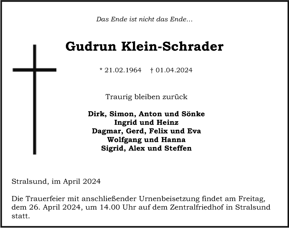 Traueranzeige für Gudrun Klein-Schrader vom 06.04.2024 aus Ostsee-Zeitung GmbH