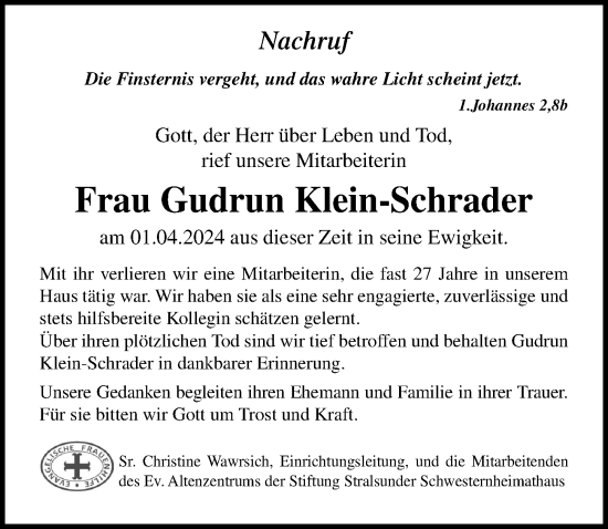 Traueranzeige von Gudrun Klein-Schrader von Ostsee-Zeitung GmbH