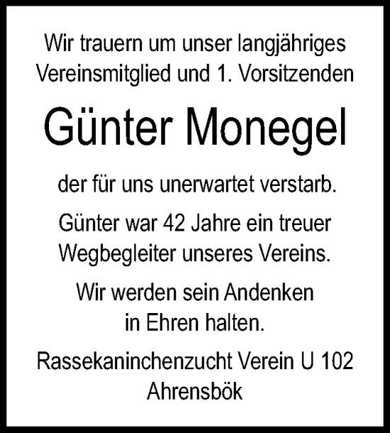Traueranzeige von Günter Monegel von Lübecker Nachrichten