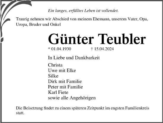 Traueranzeige von Günter Teubler von Ostsee-Zeitung GmbH