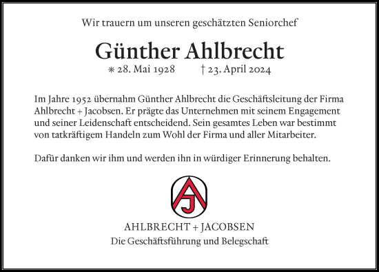 Traueranzeige von Günther Ahlbrecht von Göttinger Tageblatt