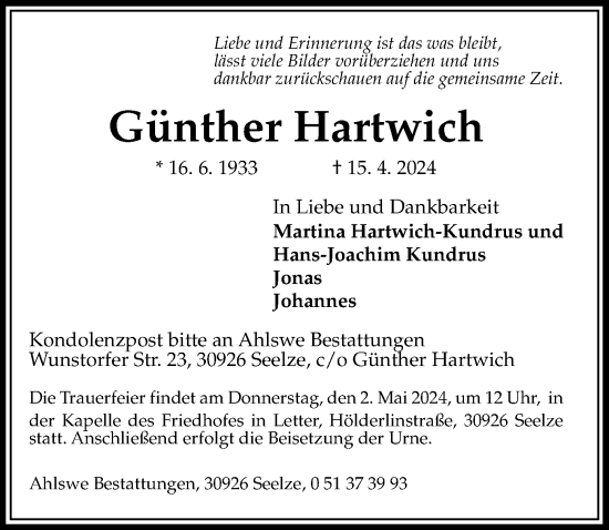 Traueranzeige von Günther Hartwich von Hannoversche Allgemeine Zeitung/Neue Presse