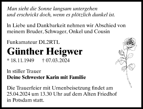 Traueranzeige von Günther Heigwer von Märkischen Allgemeine Zeitung