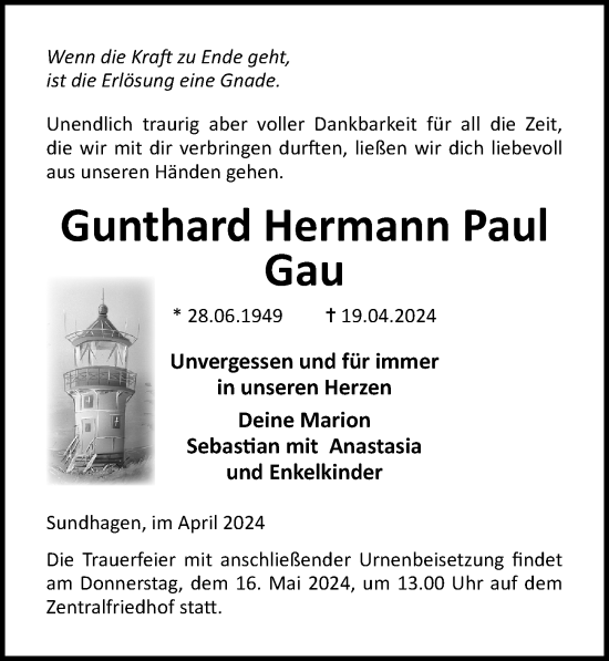 Traueranzeige von Gunthard Hermann Paul Gau von Ostsee-Zeitung GmbH