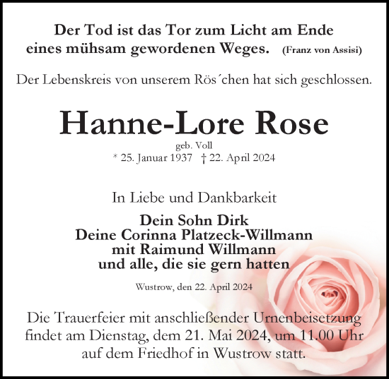 Traueranzeige von Hanne-Lore Rose von Ostsee-Zeitung GmbH