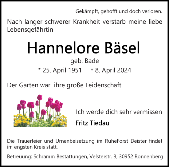 Traueranzeige von Hannelore Bäsel von Hannoversche Allgemeine Zeitung/Neue Presse