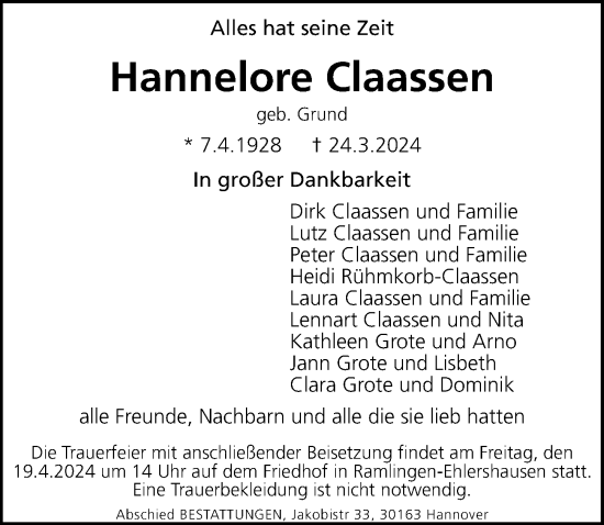Traueranzeige von Hannelore Claassen von Hannoversche Allgemeine Zeitung/Neue Presse