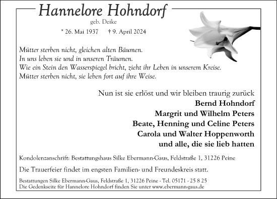 Traueranzeige von Hannelore Hohndorf von Peiner Allgemeine Zeitung