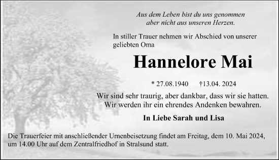Traueranzeige von Hannelore Mai von Ostsee-Zeitung GmbH