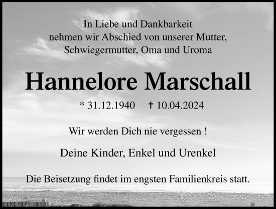 Traueranzeige von Hannelore Marschall von Ostsee-Zeitung GmbH