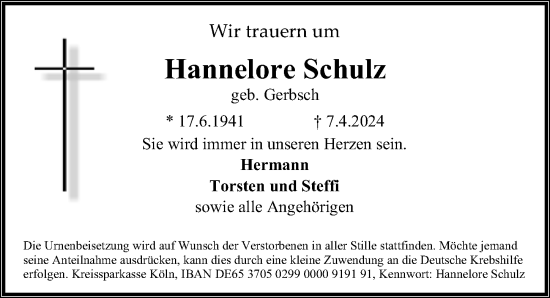 Traueranzeige von Hannelore Schulz von Hannoversche Allgemeine Zeitung/Neue Presse