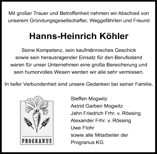 Traueranzeige von Hanns-Heinrich Köhler von Hannoversche Allgemeine Zeitung/Neue Presse