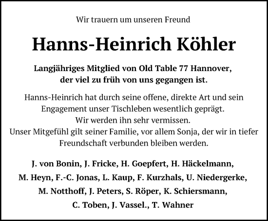 Traueranzeige von Hanns-Heinrich Köhler von Hannoversche Allgemeine Zeitung/Neue Presse