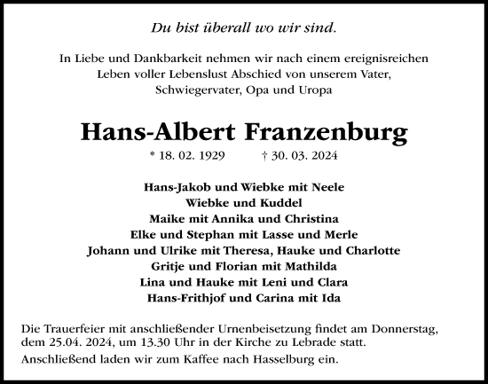 Traueranzeige von Hans-Albert Franzenburg von Kieler Nachrichten