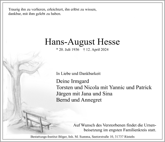 Traueranzeige von Hans-August Hesse von Schaumburger Nachrichten und Schaumburger Zeitung/ Landes-Zeitung