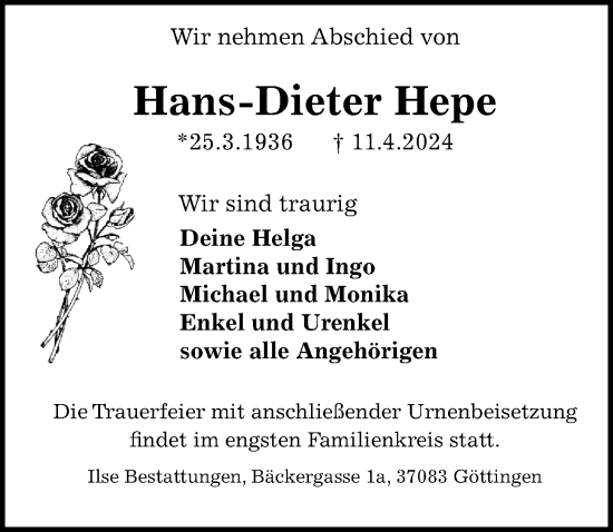 Traueranzeige von Hans-Dieter Hepe von Göttinger Tageblatt