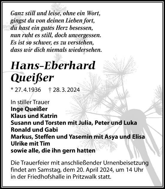 Traueranzeige von Hans-Eberhard Queißer von Wochenspiegel