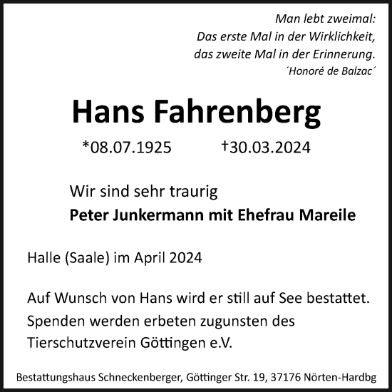 Traueranzeige von Hans Fahrenberg von Göttinger Tageblatt