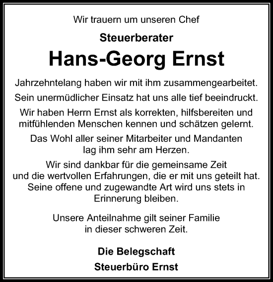Traueranzeige von Hans-Georg Ernst von Eichsfelder Tageblatt