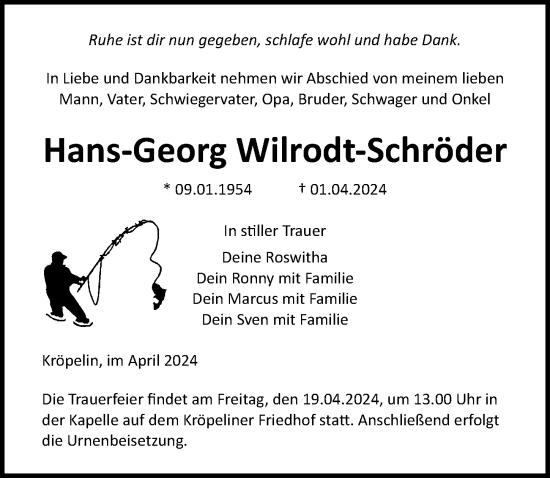 Traueranzeige von Hans-Georg Wilrodt-Schröder von Ostsee-Zeitung GmbH
